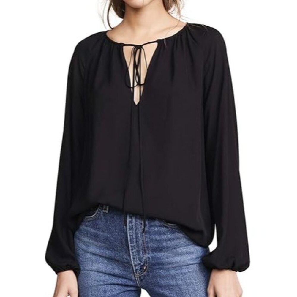 Theory Silk Gathered Long Sleeve Blouse Black
